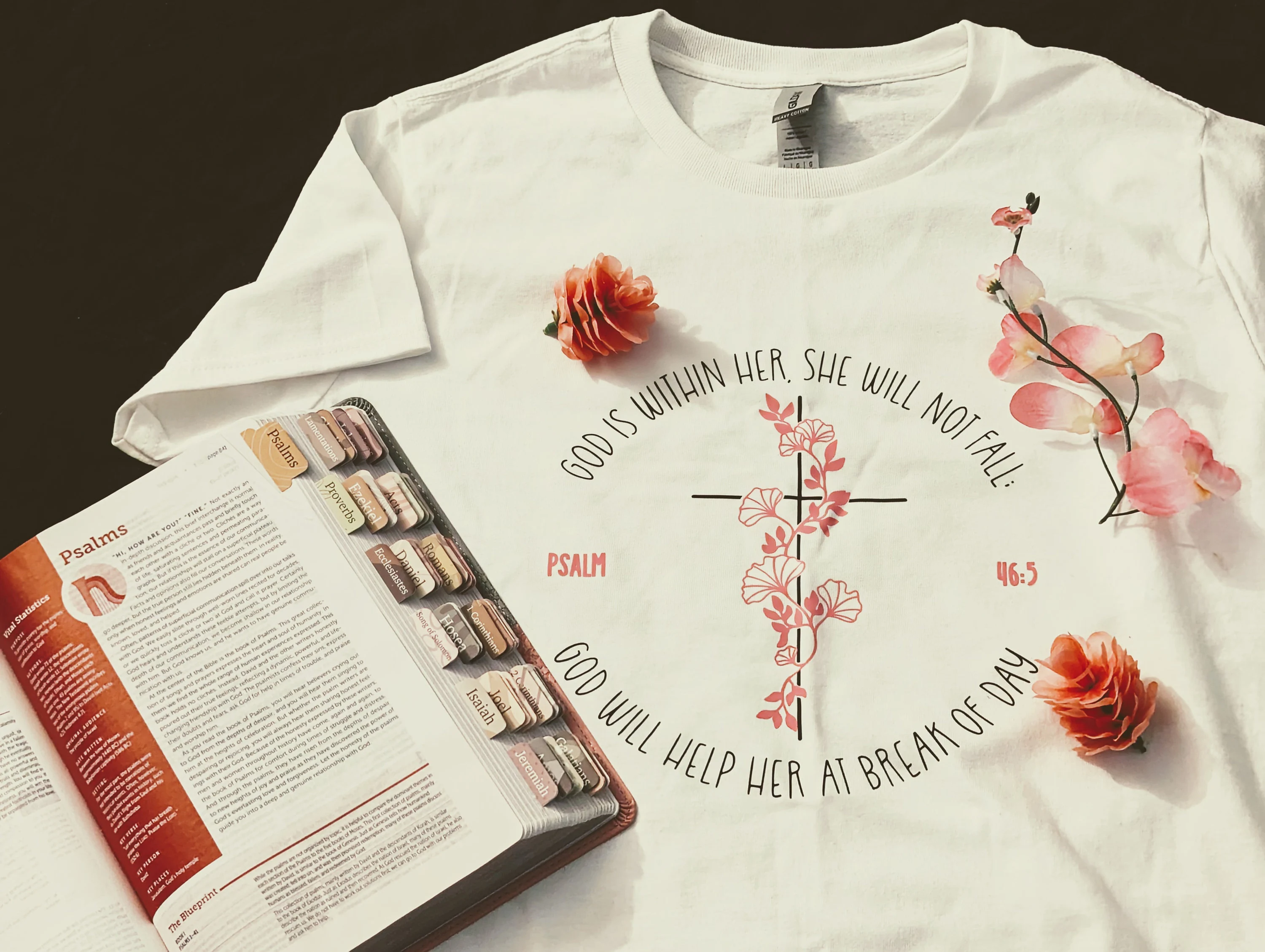 White shirt with Psalm 46:5 floral cross design