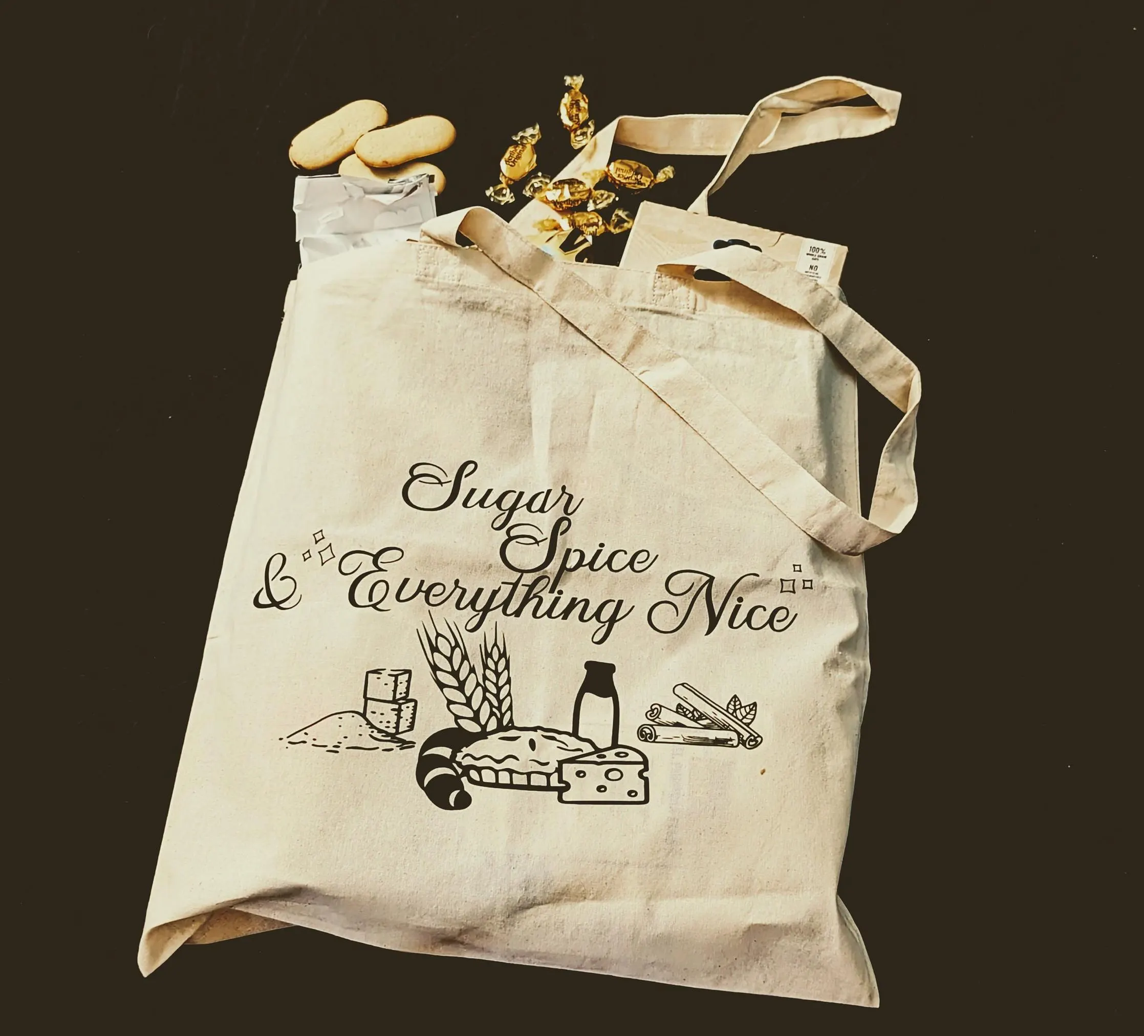 Custom tote bag with "Sugar Spice & Everything Nice" design